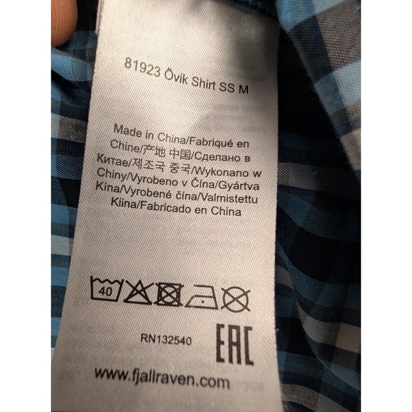Fjallraven Shirt Men's M Blue Plaid Ovik Short‎ Sleeve Button Down Poly/Cotton - Picture 10 of 15